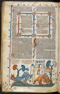Royal MS 10 E IV f.313v, bir şövalyenin diğerini bir kalenin önünde atından indirmesini gösteren sayfa başı sahne, c.1300-40 (parşömen üzerine kalem ve mürekkep ve tempera) by French School