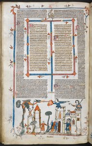 Royal MS 10 E IV f.88v, bir şatoya saldıran bir ejderhanın alt sayfa sahnesi, c.1300-40 (parşömen üzerine kalem ve mürekkep ve tempera) by French School