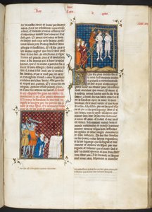 Royal MS 16 G. VI, f.306r, Murder of Charles, asılan Flanders sayısı (Louis VI, kitap 20), Les Grandes Chroniques de France'dan by French School