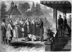 Rus geleneği: bir serfin kurtuluş töreni. Teslimiyetin bir işareti olarak, özgür serf, kendisini bir bardak patates konyakına döken efendisinin ayaklarını öper. 23 Mart 1861 tarihli “Le Monde Illustré” n°206