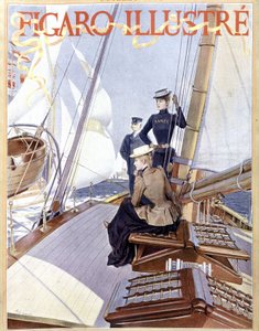 Yelken: Bir teknenin güvertesindeki kadınlar - 1891 tarihli “” Figaro resimli” çizimi, Art Deco. by French School
