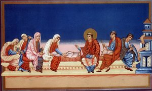 Aziz Jerome, İncil'i Eustochia ve Paule'e açıklarken, 9. yüzyıl. by French School
