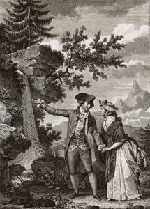 Saint Preux ve Julie İsviçreli filozof Jean Jacques (Jean-Jacques) Rousseau (1712-1778) tarafından “Julie ou la nouvelle Heloise” için 1793 tarihli gravür - Julie ve Saint-Preux, Jean-Jacques Rousseau tarafından 