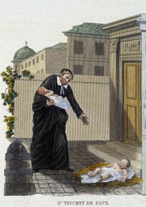 Saint Vincent de Paul, kilisenin önünde terk edilmiş çocukları karşılıyor. by French School