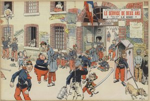 Fransız Ordusuna zorunlu askerliğin getirilmesi üzerine hiciv. Le Rire (renkli taş) için çizim by French School