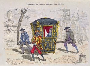 1887'de yayınlanan Costumes de Paris a Travers les Siecles'dan Onaltıncı Yüzyılda Sedan Sandalye (renkli gravür) by French School