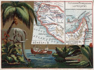 Senegal, Mayotte, Ile de Sainte Marie, Nossi Be (Nossi-be veya Nosy-be veya Nosy-be), Afrika. Fil, timsah ve nehirde tekne. Fransız kolonileri üzerine dizi. Kromolitografi (Chromo) 1920 dolaylarında “coğrafi konu””. Özel koleksiyon. by French School