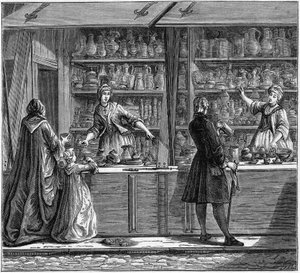 18. yüzyılda bir teneke çömlekçi dükkanı. Gravür “La Marine et les koloniler: ticaret” by French School