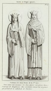 Century ve Reign görmezden gelindi, 1. ırkın iki Kraliçesinin kostümleri (gravür) by French School