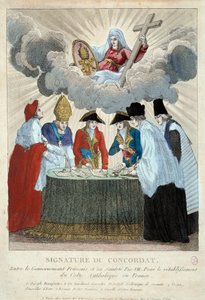 1801 Konkordatosunun 15/07/1801 tarihli imzası: Fransız hükümeti (burada Joseph Bonaparte tarafından temsil edilmektedir) ile Saint Siege (Papa Pius VII adına Kardinal Consalvi tarafından temsil edilmektedir) arasında imzalanmıştır. 1801 Paris, Musee Carna by French School