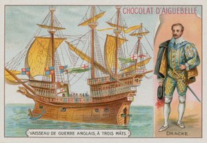 Sir Francis Drake ve üç direkli bir İngiliz savaş gemisi by French School