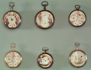 Devrimci sembollerle süslenmiş altı cep saati (metal ve emaye) by French School