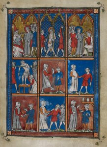 Sloane MS 1977 fol.6r İncil ve tıbbi sahneleri gösteren dokuz minyatür. Yukarıda, Kayafa ve Pilatus