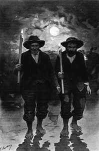 Kaynak ve hasta: iki adam, bir gece dolunay, her biri bir mum tutan ve yalınayak yürüyen (alayı?) - “Journal des voyages” da by French School