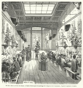 Ücretsiz bir çizim okulunda bir sınıftaki öğrenciler, Fransa (gravür) by French School