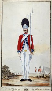 SwissGuard. Levha 16 “”Louis XVI altında Fransız birliklerinin askeri üniformalarının özeti”” 1779 litografisi. Dim. 0.23x0.16 m. Paris, Ordu Müzesi by French School