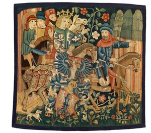 Fransa Kraliçesi ve Sadakatsiz Marshall ile duvar halısı, orta yüksek Alman şiiri 'Die Konigin von Frankreich.... Marshall'ı tasvir ediyor, muhtemelen Strasbourg'dan, 1495-1500 dolayları (yün ve keten) by French School