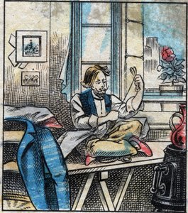 Tekstil, keten. Dikiş ipliği çileler halinde kesilir. Oymak. 19. yüzyılın sonlarında epinal görüntüleme. by French School