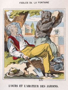 Ayı ve Bahçıvan, 'Fables de La Fontaine'den (renkli gravür) by French School