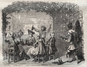 Brigand Louis Dominique Garthausen dit Cartridge (1693-1721) arkadaşlarıyla birlikte bir yemek sırasında - Fransız haydut Louis Dominique Garthausen namı diğer Cartridge (1693-1721) suç ortaklarıyla birlikte bir yemek sırasında - “” Gravür celebres de tous by French School