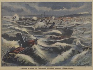 Alman vapur Berger-Wilhelm Bizerte, Tunus açıklarında bir fırtınada karaya oturdu (renkli taş) by French School