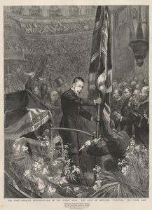 Albert Hall'daki İrlandalı sadık gösteri, Londra, 1893: Abercorn Dükü (James Hamilton) (1811-1885) Union Jack'i dikiyor. by French School