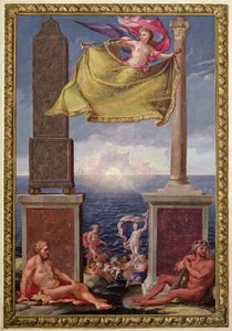 Herkül Sütunları, Katalonya ve Balear Adaları haritaları koleksiyonunun ön yüzü, Pene, 1680 (renkli gravür) by French School