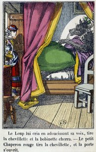 Kırmızı Başlıklı Kız, kurdun büyükannesinin yerini aldığı odaya girer - “Kırmızı Başlıklı Kız”, ed. Pellerin, Epinal, n.d. 19. by French School