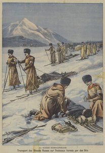 Rus-Japon Savaşı: yaralı Rus askerlerinin kayaklardan yapılmış kızaklarda taşınması (renkli taş) by French School