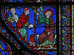 The St James Window: Almongenes (Hermogines) kitaplarını yakmak üzere (w5) by French School