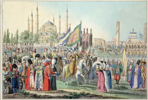 Türk sultanı yeniçerilerini gözden geçiriyor by French School