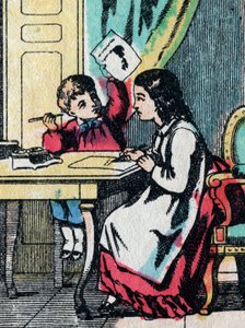 İyi ailelerden gelen kızlar için etkinlikler: küçük bir erkek kardeşe ödevinde yardım etmek - Epinal resim - 19. yüzyıl (gravür) by French School