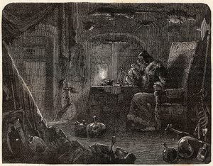 Altın yapmaya söz veren simyacı laboratuvarında çalışır: 17. yüzyılda Simyacı - Nicolas Jules Henri Gourdon de Kennouillac (1826-1898) tarafından “Paris a travers les cules” de by French School