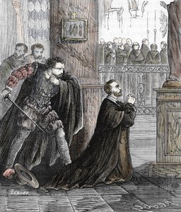 Engizisyoncu Pedro de Arbues'in (1441-1485) 17/09/1485'te İspanya'da Zaragoza Katedrali'nde öldürülmesi (İspanyol Engizisyonu yetkilisi Pedro de Arbues, 1485'te Zaragoza'nın La Seo Katedrali'nde, sohbetler by French School