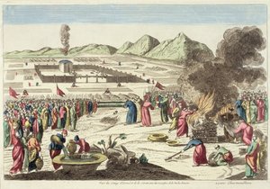İsrailoğullarının kampı ve kırmızı inek kurbanı (renkli gravür) by French School