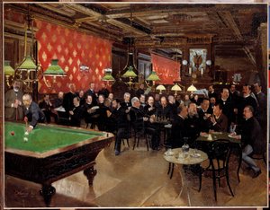 Cumhuriyet birliğinin çemberi: Cumhuriyet birliğinin üyeleri 3. Cumhuriyet döneminde sohbet etmek, bilardo oynamak için kafede bir araya geldi. anonim resim by French School