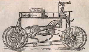 Hippocycle: Arabaların ve bisikletlerin gelişinden sonra bir ulaşım aracı olarak “atların korunması” için icat. 9 Ağustos tarihli “Le Pelerin”deki gravür by French School