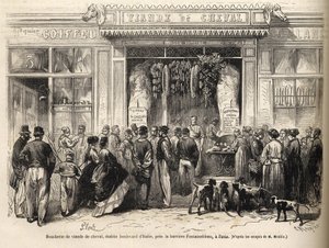 Bariyere de Fontainebleau'daki (Paris) at kasap dükkanı 1866'da açıldı - butcherie chevaline - Boucherie Meat de Cheval Bulvarı İtalya bariyere de Fontainebleau yakınlarında 1866) 1866'da “Le monde şanlı” gravürü by French School