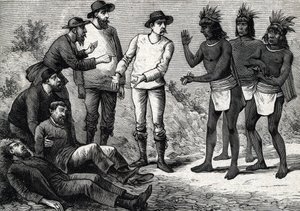 Peru sakinleri, Cinchona (gravür) 1888 ile sıtmadan muzdarip kolonyal Avrupalılara yardım ediyor. by French School
