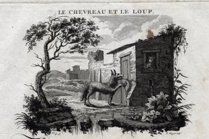 Çocuk ve kurt. Esope Masalı. (Yunan yazar Esopo veya Ecopus, MÖ 6. yy) Guillaume Montfort ve Gravees tarafından 1801