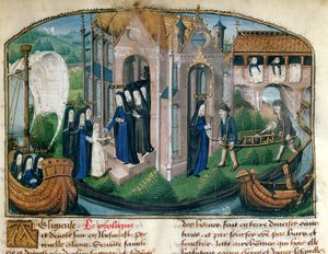 Jean Henry tarafından "Le Livre de Vie Active de l" Hotel Dieu de Paris "den bir aceminin resepsiyonu ve bir hastayı karşılaması, c.1482 by French School