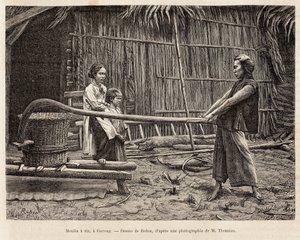 Gocong'daki bir çiftçi evinin önündeki pirinç değirmeni, Robin'in Cochinchine'e yaptığı yolculuğu gösteren bir çiziminden sonra gravür, Doktor Morice tarafından 1872, “Le tour du monde”” 1875, editörlüğünü Edouard Charton, Hachette baskısı, Par by French School
