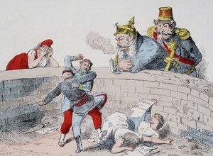 Durum - Gauillaume: Çılgın insanlara yardım etmeliyiz, Badingue (Napolyon III): Bırak yapsınlar kardeşim, onlar (Parisliler) kendilerini yiyip bitirince müdahale etme zamanı gelecek. Komün hakkında karikatür. by French School