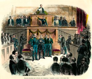 Cumhuriyetin resmen başkanı ilan edilen III. Louis Napolyon'un (Louis-Napolyon) 20 Aralık 1848'de Ulusal Meclis'te yemin etmesi. by French School