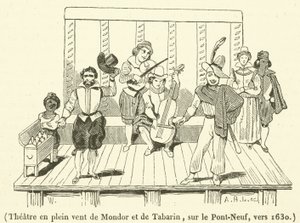 Mondor ve Tabarin açık hava tiyatrosu, Pont-Neuf üzerinde, yaklaşık 1630 (gravür) by French School