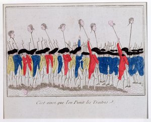 İşte hainler böyle cezalandırılır, giyotinlilerin başlarını taşıyan eşofman altı, 1789 by French School