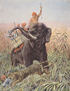 Kaplan avı, Hindistan (renkli lito) by French School