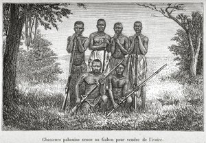 Gabon Yerli Halkının geleneksel kostümü, Henri-Victor du Pont tarafından 'L'Afrique Equatoriale...' adlı resimden by French School
