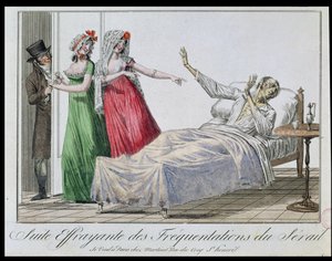 Sık sık genelevlere gitmenin trajik sonucu, bir frenginin karikatürü, 1800 dolayları (renkli gravür) by French School