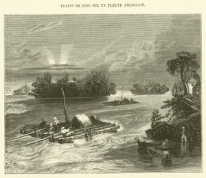 Bir Amerikan Nehri Üzerindeki Ahşap Trenler (gravür) by French School